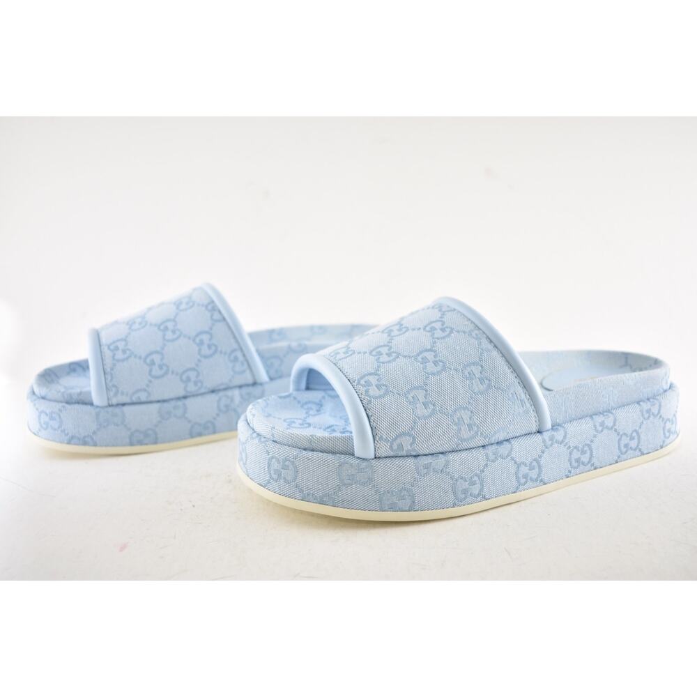 Gucci Light Blue GG Monogram Logo Canvas Mule Flat Slide Platform Sandal 39.5 - Picture 15 of 16